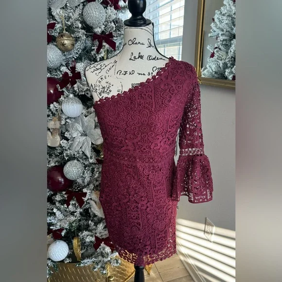 LULU’S Dreamy Date Burgundy Crochet Lace One-Shoulder Mini Dress - Picture 5 of 11